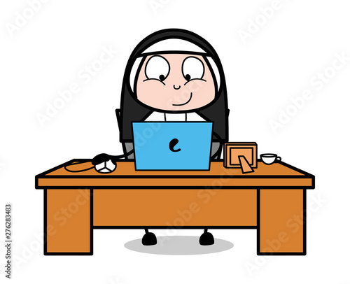 Working Office Work on Laptop - Cartoon Nun Lady Vector Illustration