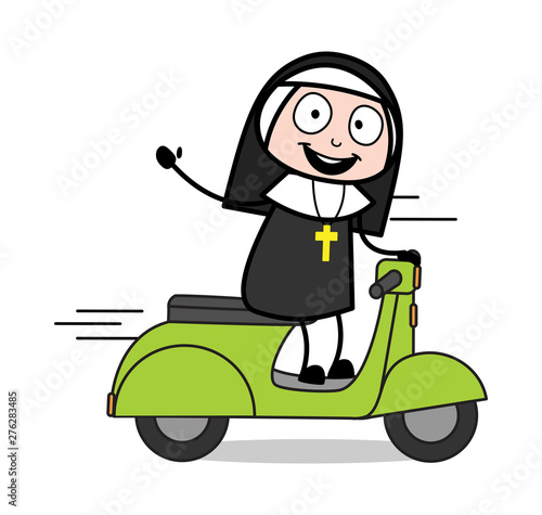 Gesturing with Hand While Running Scooter - Cartoon Nun Lady Vector Illustration