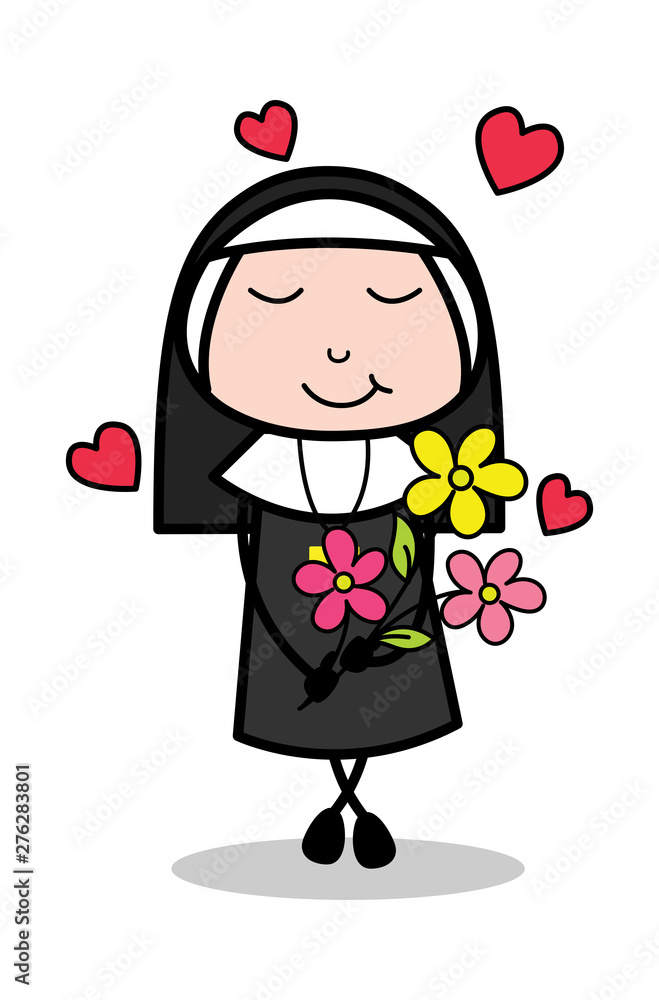 Feeling Loved with Flowers - Cartoon Nun Lady Vector Illustration Feeling Loved with Flowers - Cartoon Nun Lady Vector Illustration
