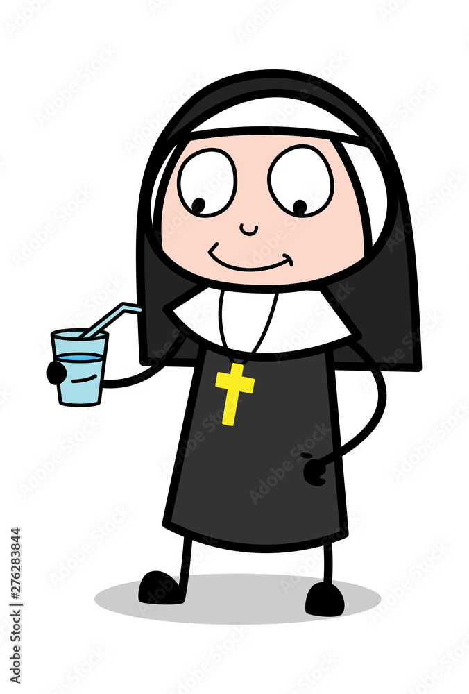 Drinking Water - Cartoon Nun Lady Vector Illustration Drinking Water - Cartoon Nun Lady Vector Illustration