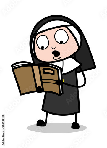 Reading Book - Cartoon Nun Lady Vector Illustration