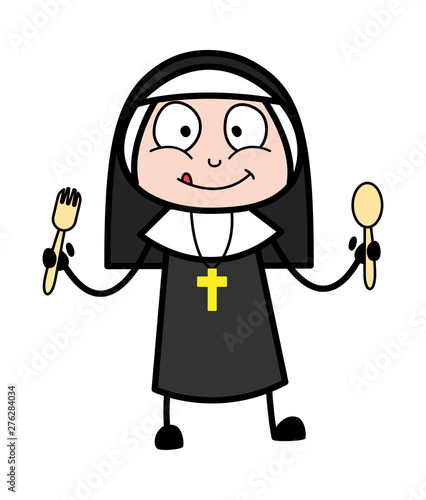 Showing Spoons - Cartoon Nun Lady Vector Illustration
