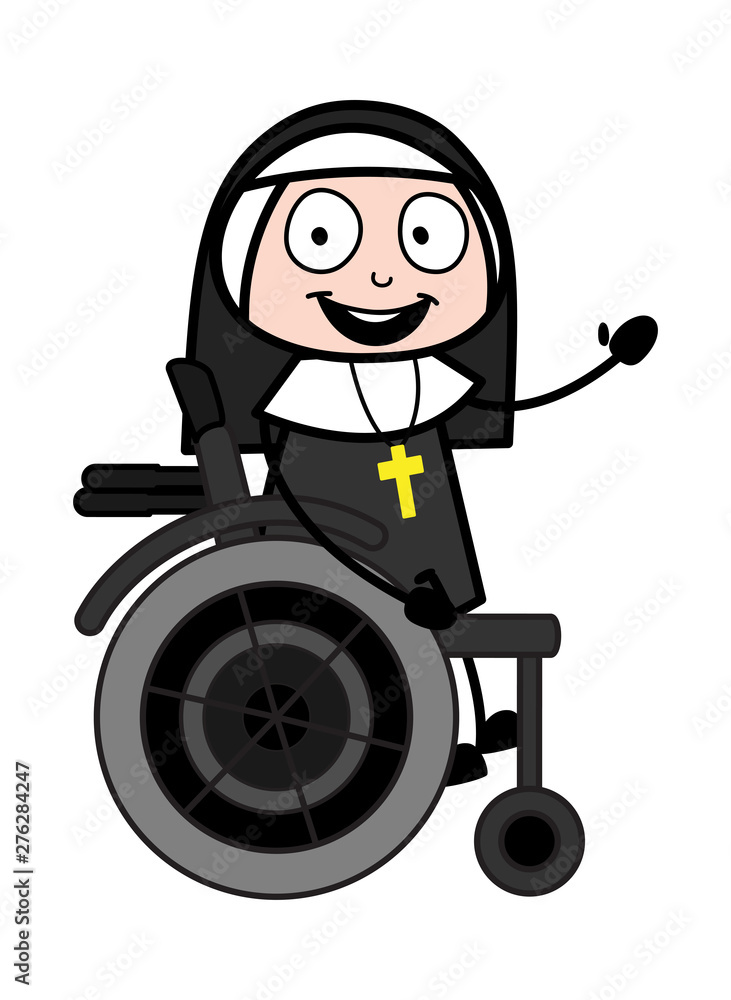 Sitting on Wheel Chair and Gesturing with Hand - Cartoon Nun Lady Vector Illustration