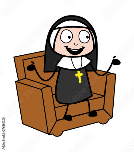 Happily Discussing - Cartoon Nun Lady Vector Illustration