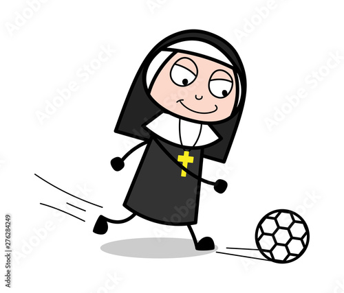 Playing Soccer Match - Cartoon Nun Lady Vector Illustration