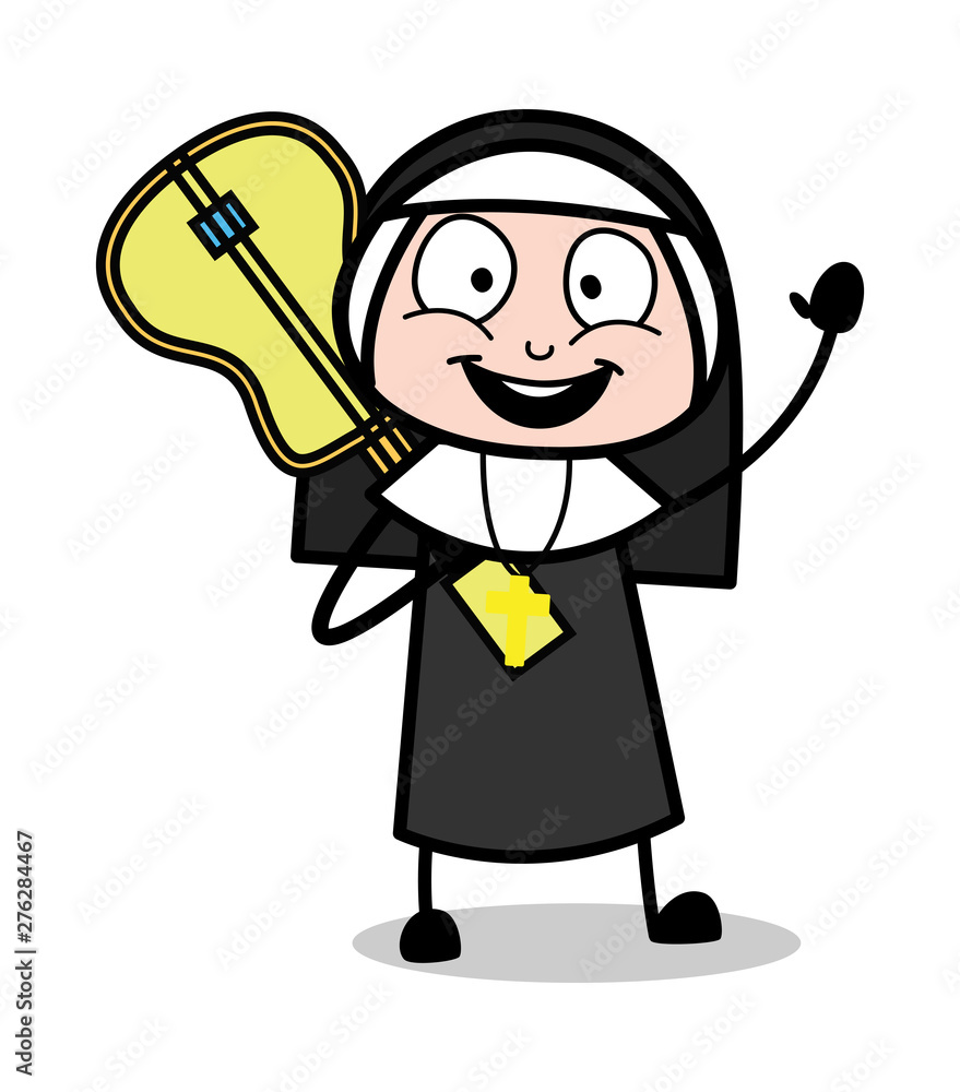 Holding a Guitar and Gesturing with Hand - Cartoon Nun Lady Vector Illustration Holding a Guitar and Gesturing with Hand - Cartoon Nun Lady Vector Illustration
