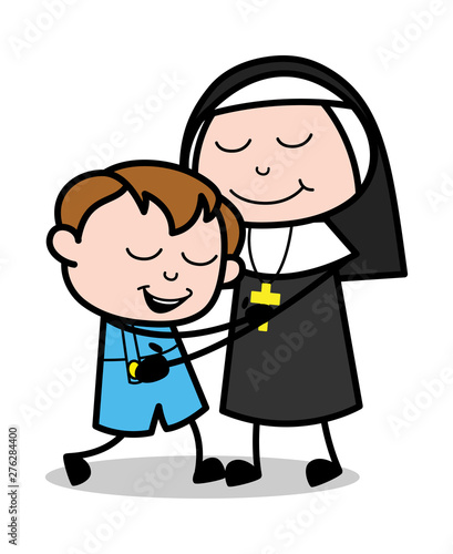 A Mother Giving a Hug to Her Kid - Cartoon Nun Lady Vector Illustration