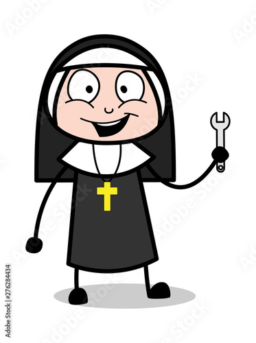 Showing Wrench Tool - Cartoon Nun Lady Vector Illustration