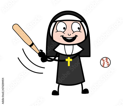 Playing Cricket - Cartoon Nun Lady Vector Illustration
