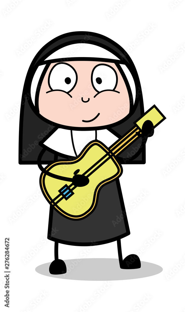 Playing Guitar - Cartoon Nun Lady Vector Illustration Playing Guitar - Cartoon Nun Lady Vector Illustration