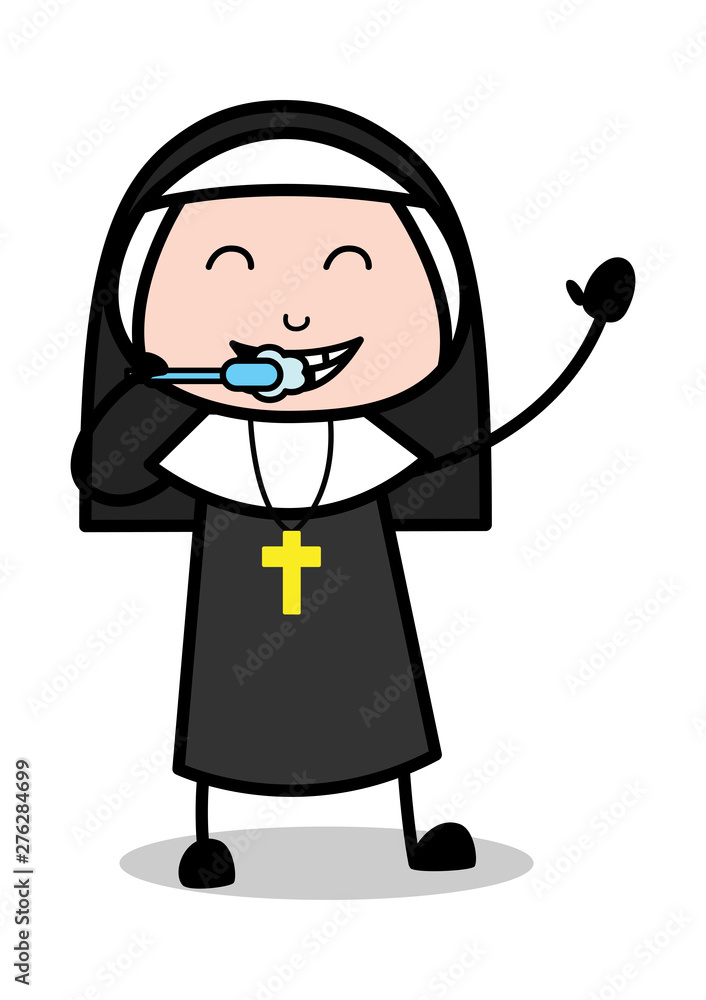 Brushing Teeth - Cartoon Nun Lady Vector Illustration