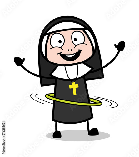 Playing Hula Hoop - Cartoon Nun Lady Vector Illustration
