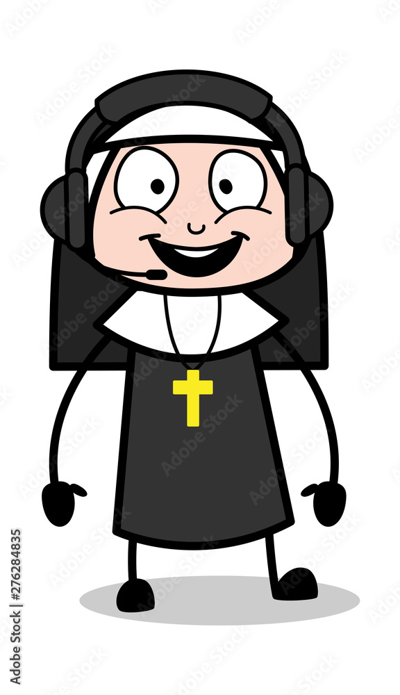 Fototapeta premium Communicating with Headphone - Cartoon Nun Lady Vector Illustration