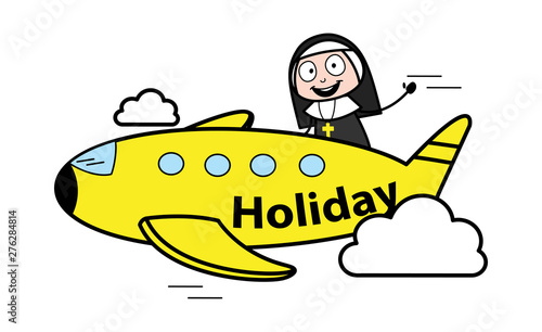 Going in Plane for Holidays - Cartoon Nun Lady Vector Illustration