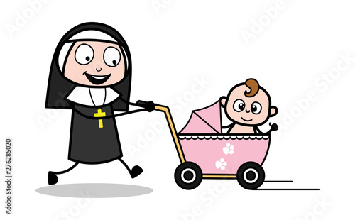 Running with Baby in Pram - Cartoon Nun Lady Vector Illustration