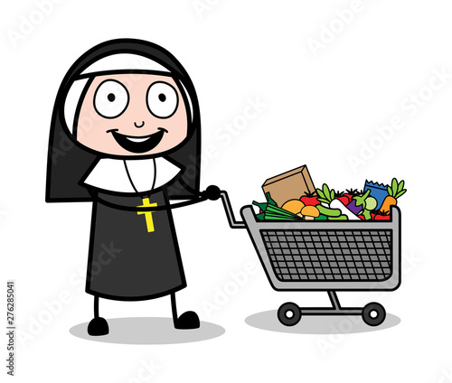 Standing with a Shopping Cart - Cartoon Nun Lady Vector Illustration