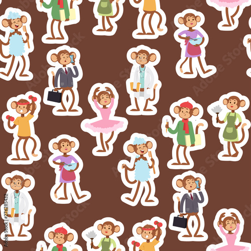 Monkeys rare animal vector cartoon macaque like people nature primate character wild zoo ape chimpanzee seamless pattern bakground illustration.