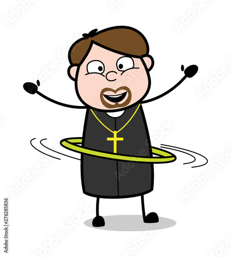 Playing with Hula Hoop - Cartoon Priest Monk Vector Illustration