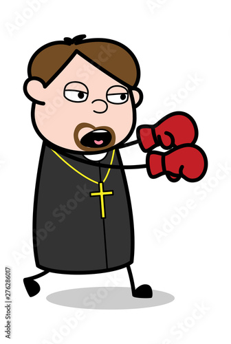 Punching - Cartoon Priest Monk Vector Illustration