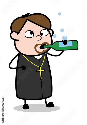 Drinking Wine - Cartoon Priest Monk Vector Illustration