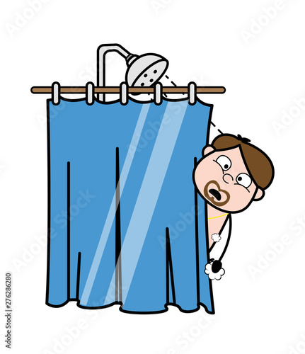 Watching Surprisingly While Taking a Shower - Cartoon Priest Monk Vector Illustration