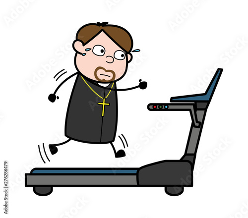 Running on Treadmill - Cartoon Priest Monk Vector Illustration