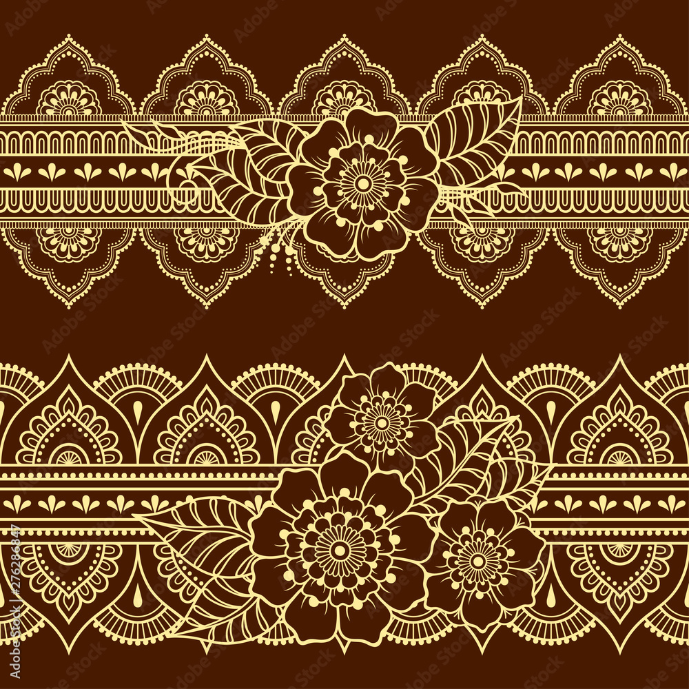 Fototapeta Set of seamless borders pattern with Mehndi flower for Henna drawing and tattoo. Decoration in ethnic oriental, Indian style. Doodle ornament. Outline hand draw vector illustration.