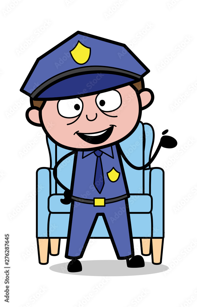 Happy and Presenting with Hand Gesture - Retro Cop Policeman Vector Illustration