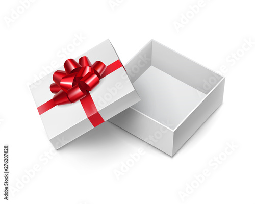 Opened short square box with glossy red ribbon decoration. Surprise packing for women day or other feminine events. Realistic white 3d container isolated on white background vector illustration.