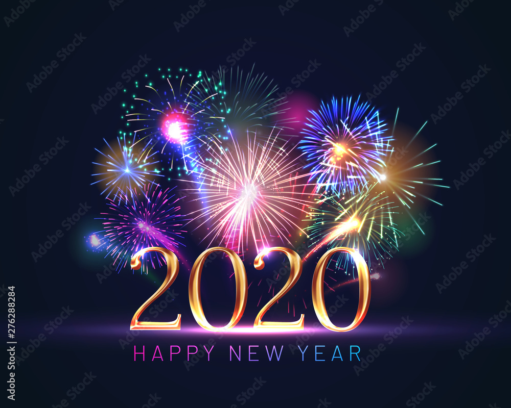 Happy new year greeting card with 2020 golden numbers and fireworks ...