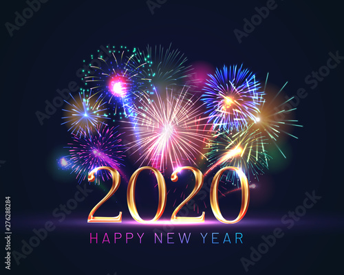 Happy new year greeting card with 2020 golden numbers and fireworks series. Celebratory template with realistic dazzling display of fireworks decoration on dark blue background vector illustration.