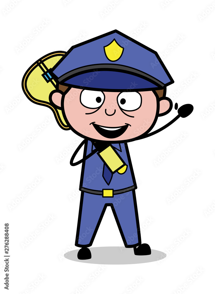 Holding a Guitar and Gesturing with Hand - Retro Cop Policeman Vector Illustration