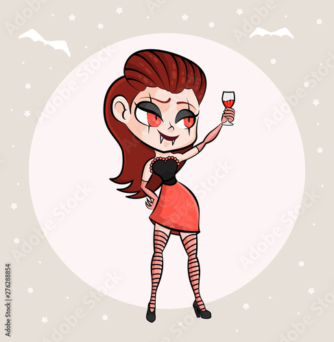 Funny smiling cartoon vector vampire halloween girl wants to make a toast. Beauty Sexy Vampire woman. Сunning draculina. Halloween Party or print concept.