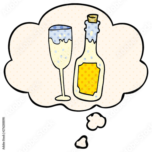 cartoon champagne bottle and glass and thought bubble in comic book style