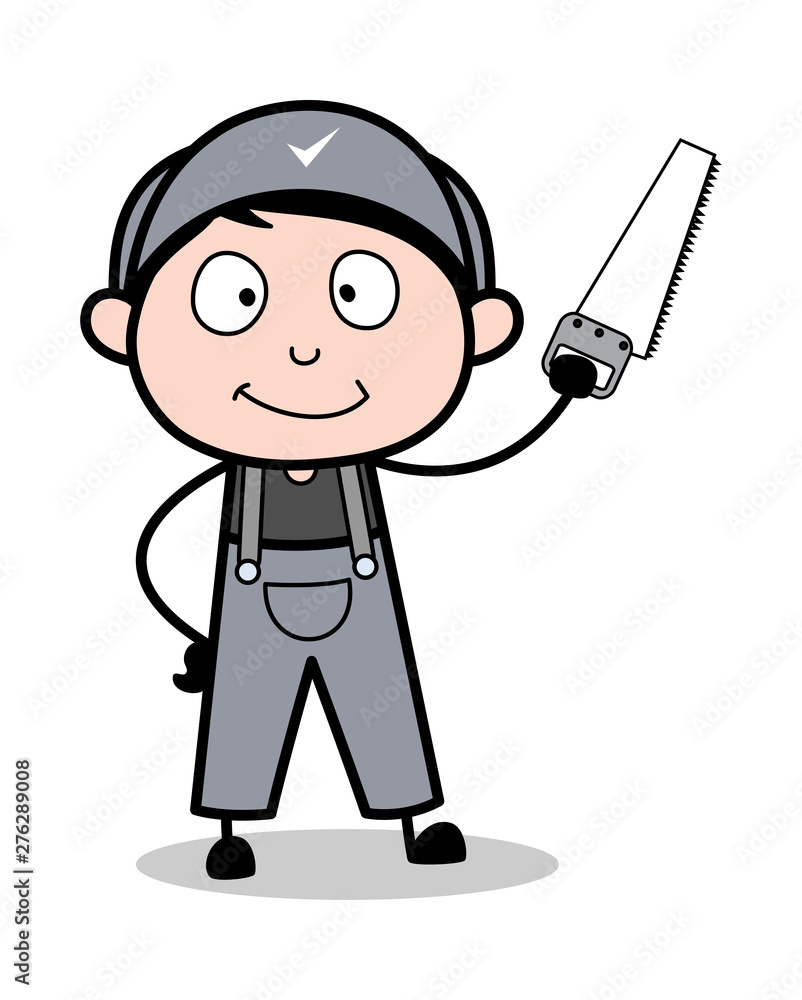 Showing Hand-Saw - Retro Repairman Cartoon Worker Vector Illustration Showing Hand-Saw - Retro Repairman Cartoon Worker Vector Illustration