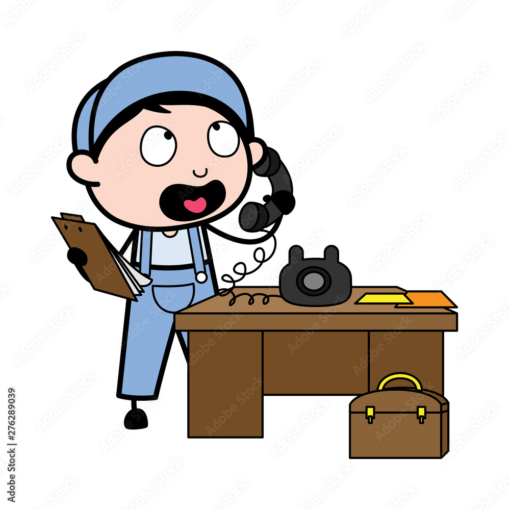 Telling the Information on Call - Retro Repairman Cartoon Worker Vector Illustration