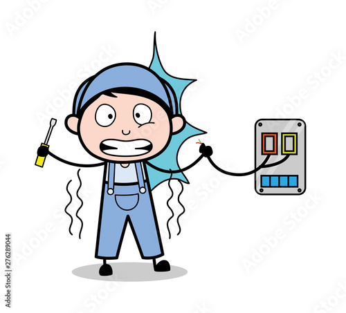 Electric Shock - Retro Repairman Cartoon Worker Vector Illustration