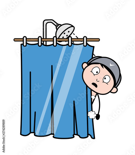 Surprisingly Watching Outside While Taking Shower - Retro Repairman Cartoon Worker Vector Illustration