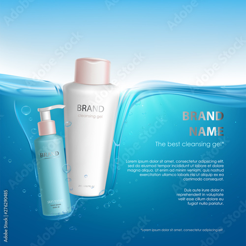 Cosmetic bottles cleansing gel, skin toner mockup, natural beauty cosmetics product for face care on water background with air bubbles. Tube package poster design template. Realistic 3d vector banner