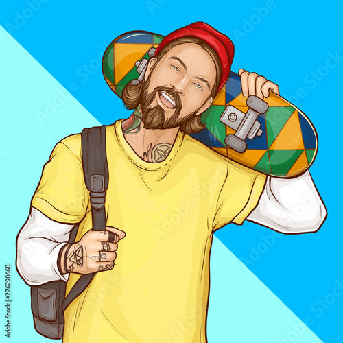 Skater boy, hipster holding skateboard, smiling tattooed guy with beard wearing fashioned clothing and shoulder bag on blue background in pop art retro comic book style. Cartoon vector Illustration