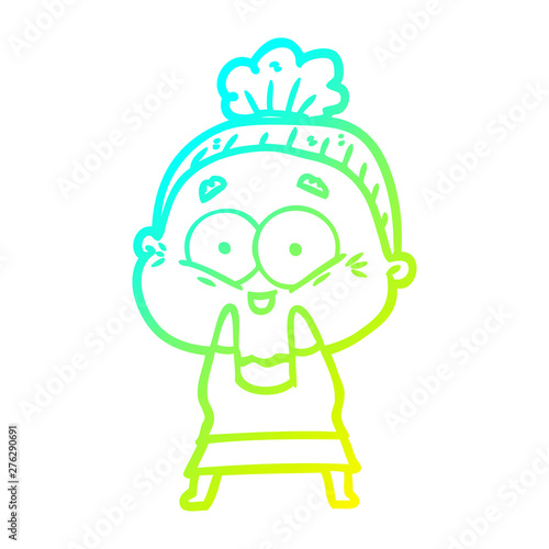 cold gradient line drawing cartoon happy old woman