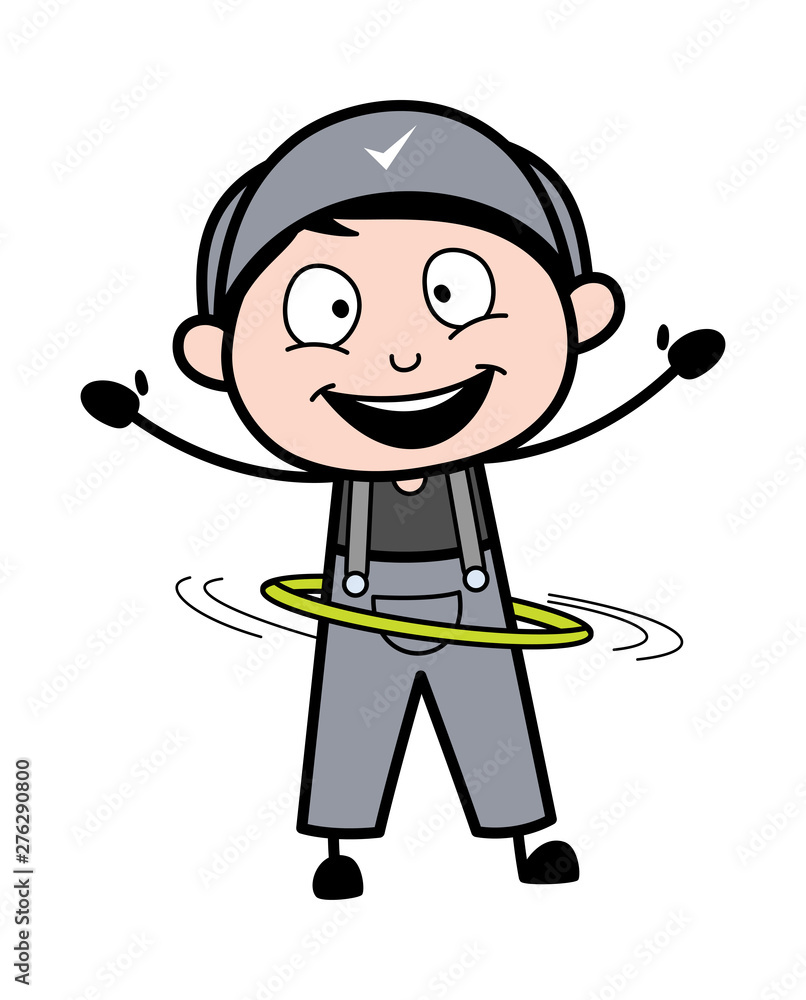 Playing with Hula Hoop - Retro Repairman Cartoon Worker Vector Illustration Playing with Hula Hoop - Retro Repairman Cartoon Worker Vector Illustration