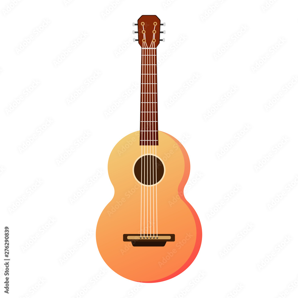 Flat illustration classical wooden guitar. Acoustic guitar or ukulele. Isolated on white background. Vector illustration. 