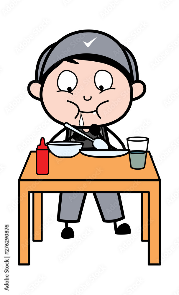 Having Dinner - Retro Repairman Cartoon Worker Vector Illustration