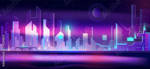 Night city in neon lights. Futuristic cityscape at waterfront background with glowing illumination. Modern town buildings exterior architecture in blue and purple colors. Cartoon vector illustration