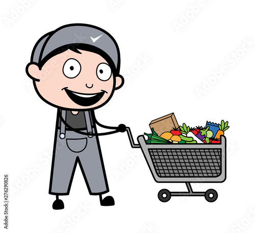 Shopping Cart - Retro Repairman Cartoon Worker Vector Illustration