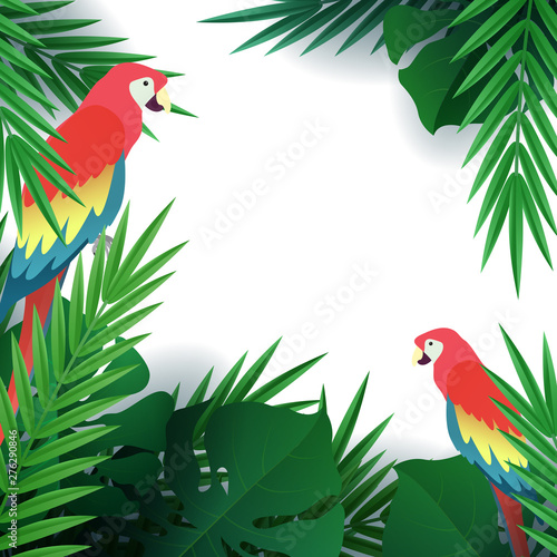 Hello summer, summertime. Background of tropical plants. Flat parrot macaw. Palm leaves, jungle leaf. The poster for sale and an advertizing sign.  Vector