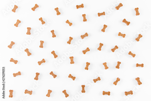 dog snack like bones on white background, flat lay