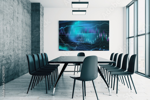 Conference room interior with financial chart on screen monitor on the wall. Stock market analysis concept. 3d rendering.