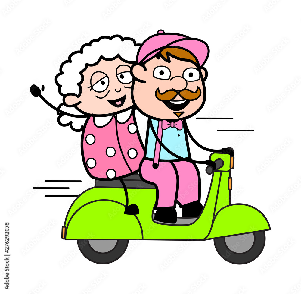 Riding Scooter with Old Lady - Retro Delivery Man Vendor Vector Illustration